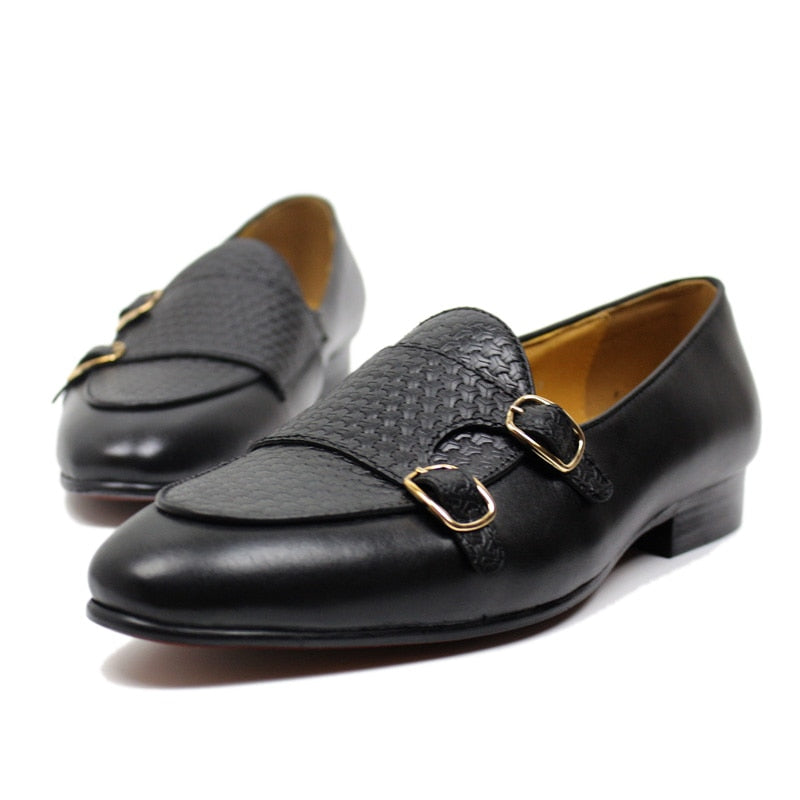 Pointed Toe Braided Monk Strap Leather Formal Style Men Loafers