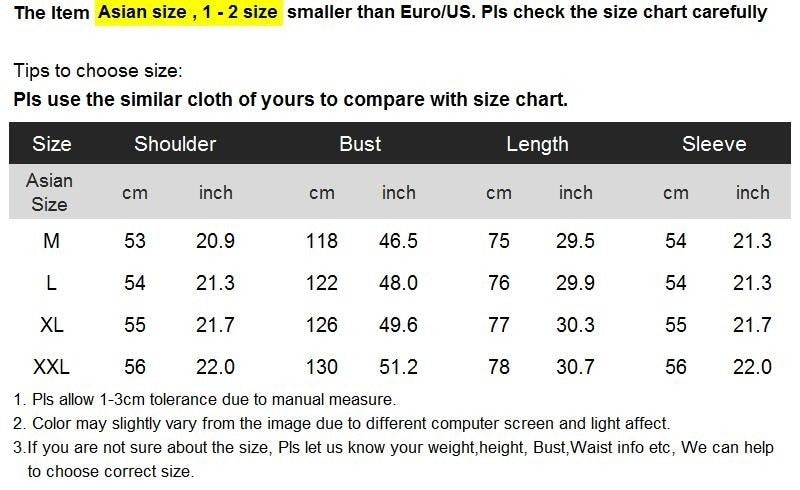 Asian Mens Jacket Size Chart