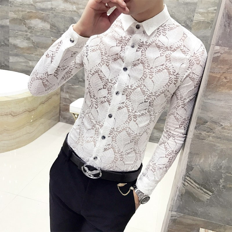 Petal Leaves Stylish Lace Long Sleeve Design Men Shirt – FanFreakz