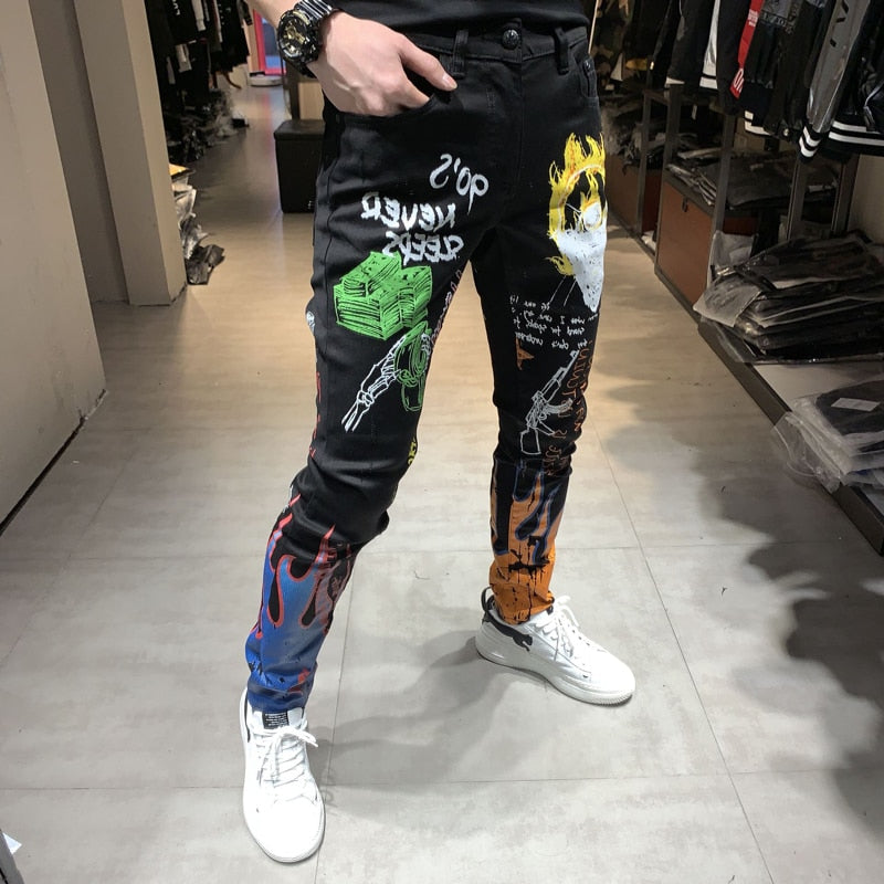 Black with Letters Flame Colored Painted Print Slim Straight Men Jeans ...