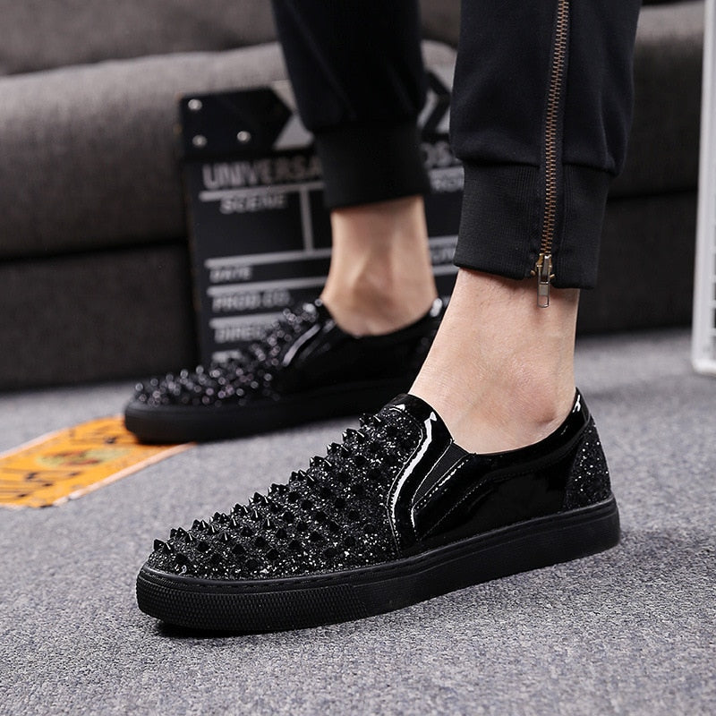 black loafers with rhinestones