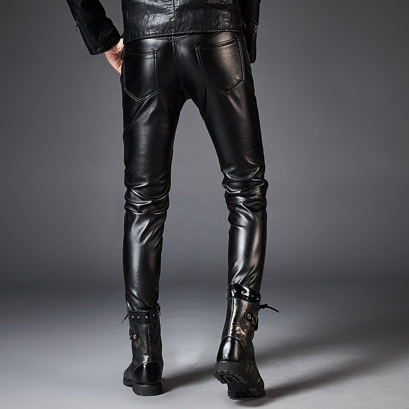 Dashing Leather Rope Zipper Biker Style Men Slim Fit PU Leather Pants ...