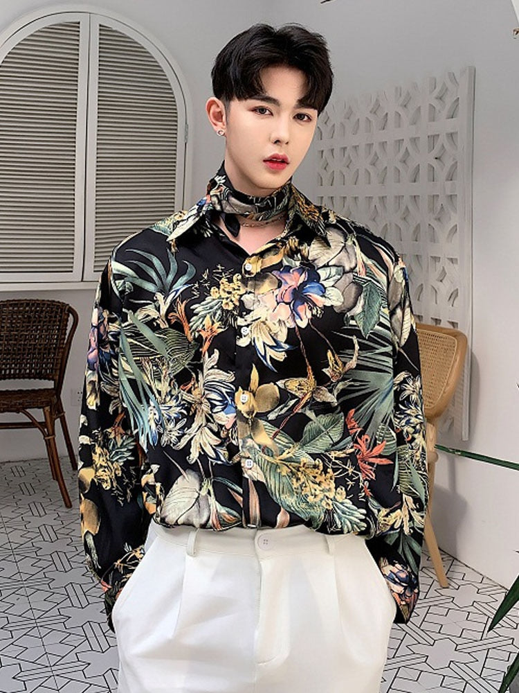 Harajuku Flower Long Sleeve with Bow Tie Casual Men Shirts – FanFreakz