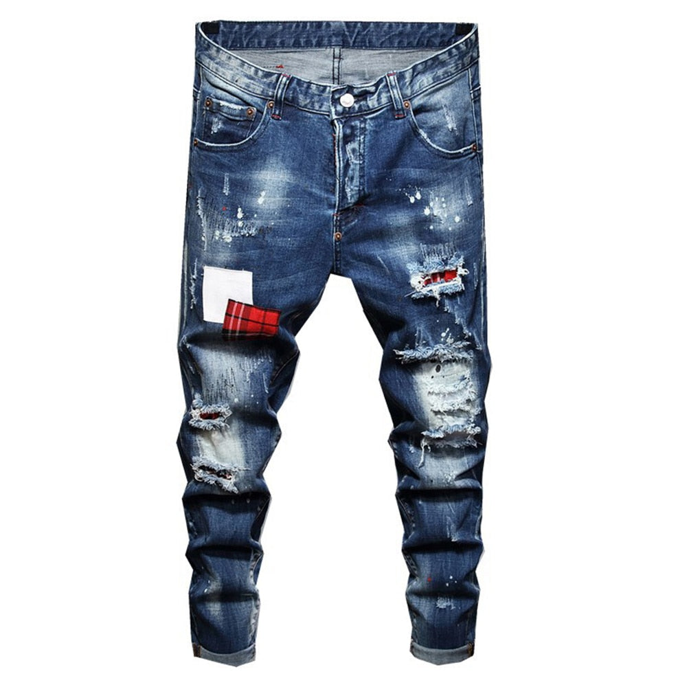 Blue White Paint Stain Decorated Ripped Jeans – FanFreakz