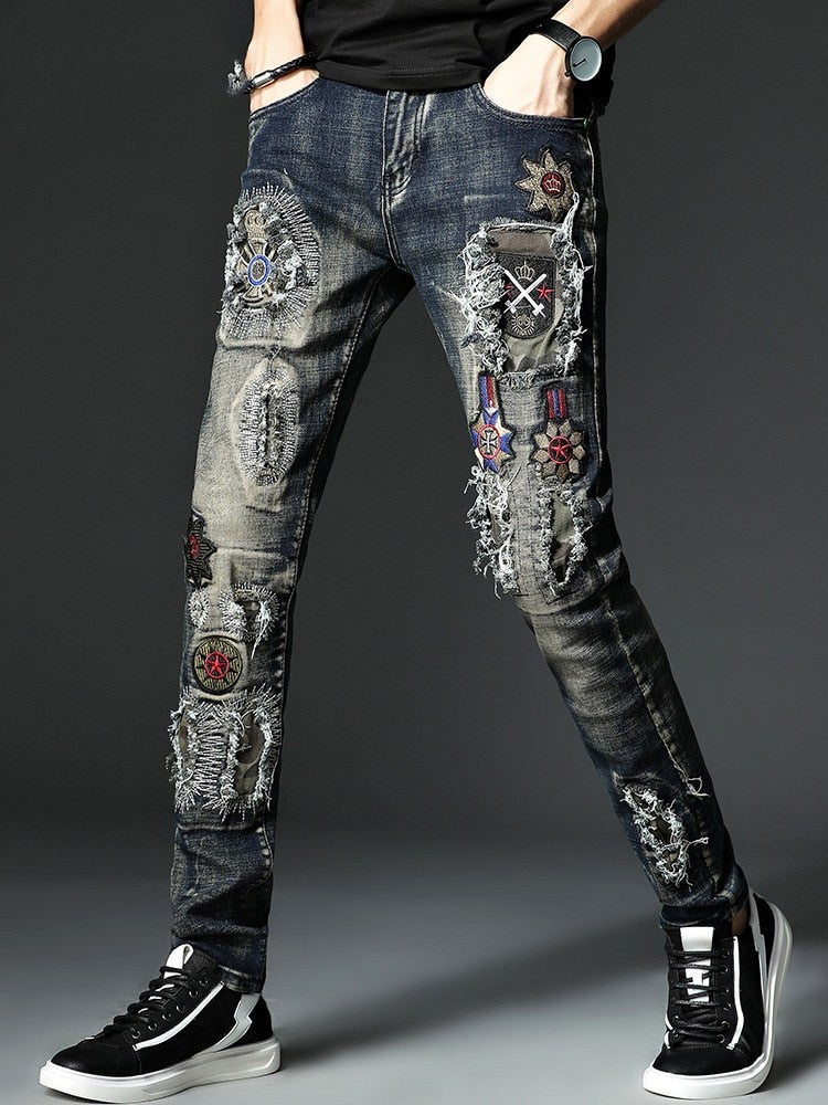 Hip Hop Jeans Men Ripped Denim Pants Patches For Jeans Slim