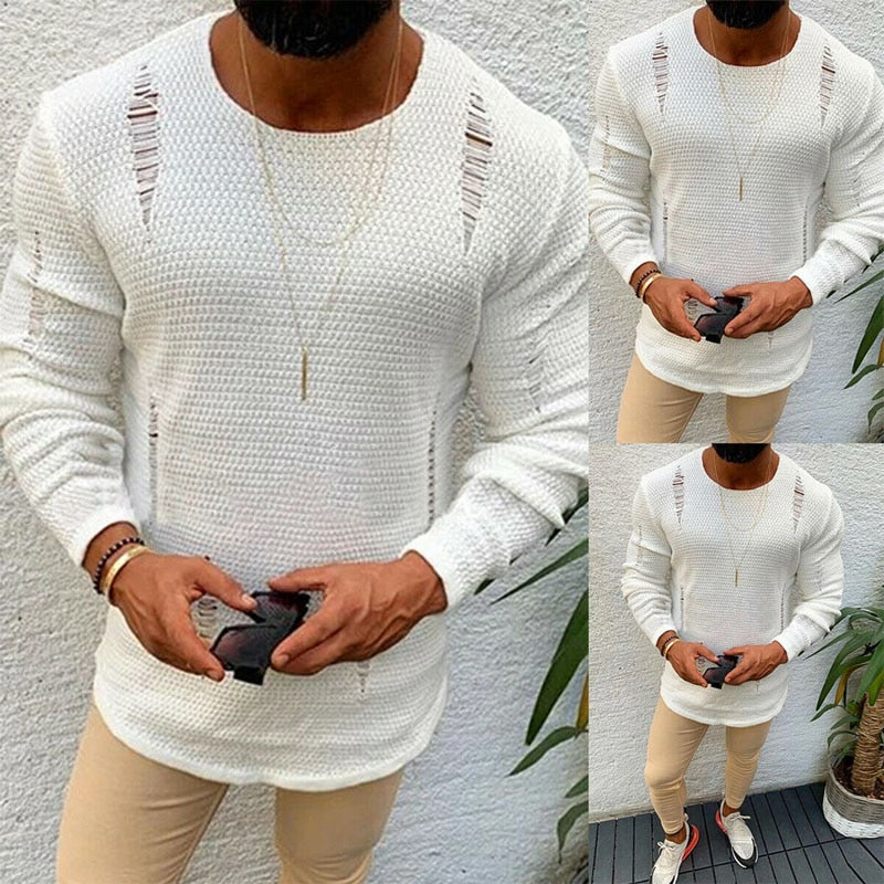 Knit Men Loose Sweater Ripped Shoulder Accent – FanFreakz