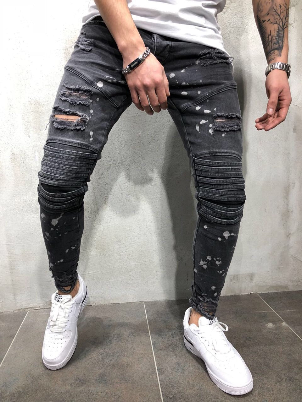 Faded Dark Grey Hollow Out Paint Spots Detail Men Jeans