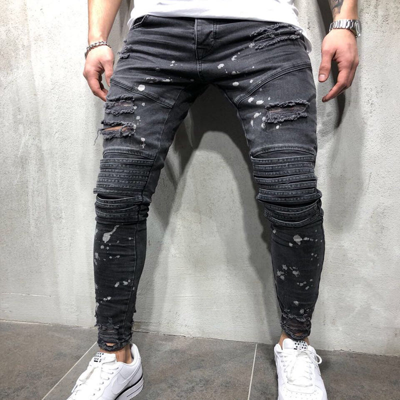 Faded Dark Grey Hollow Out Paint Spots Detail Men Jeans