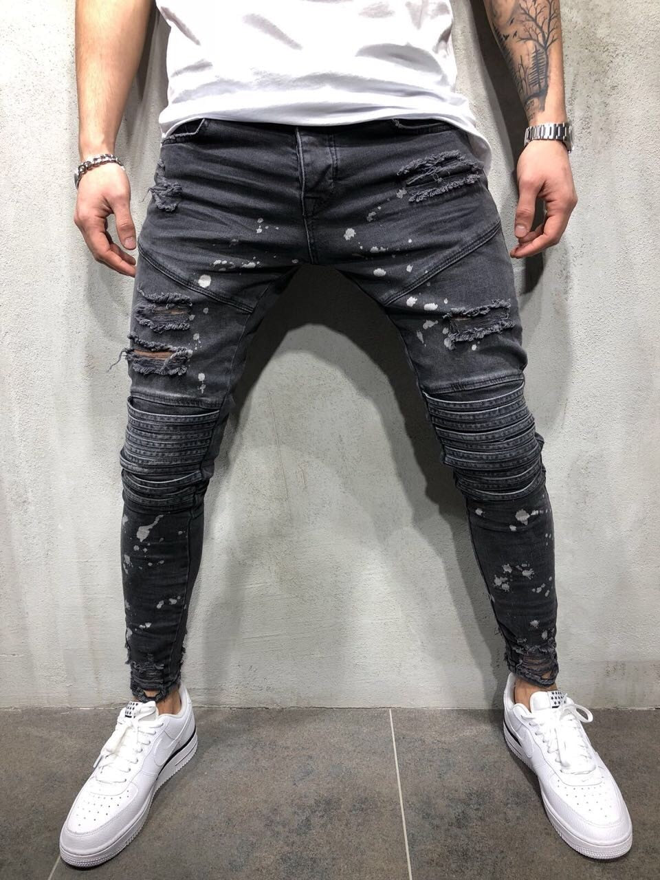 Faded Dark Grey Hollow Out Paint Spots Detail Men Jeans – FanFreakz