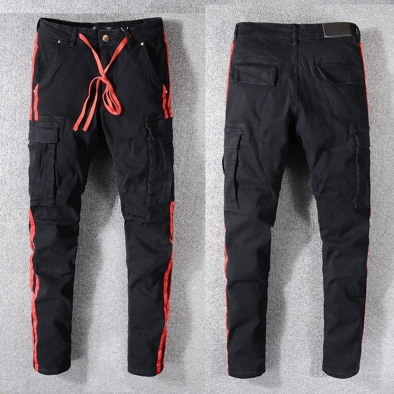 mens black pants with red stripe