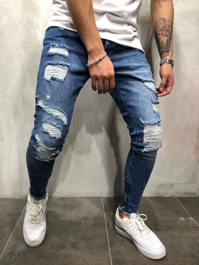 Slim Fit Knee Holes Hip Hop Style with Side Stripe Men Skinny Jeans ...