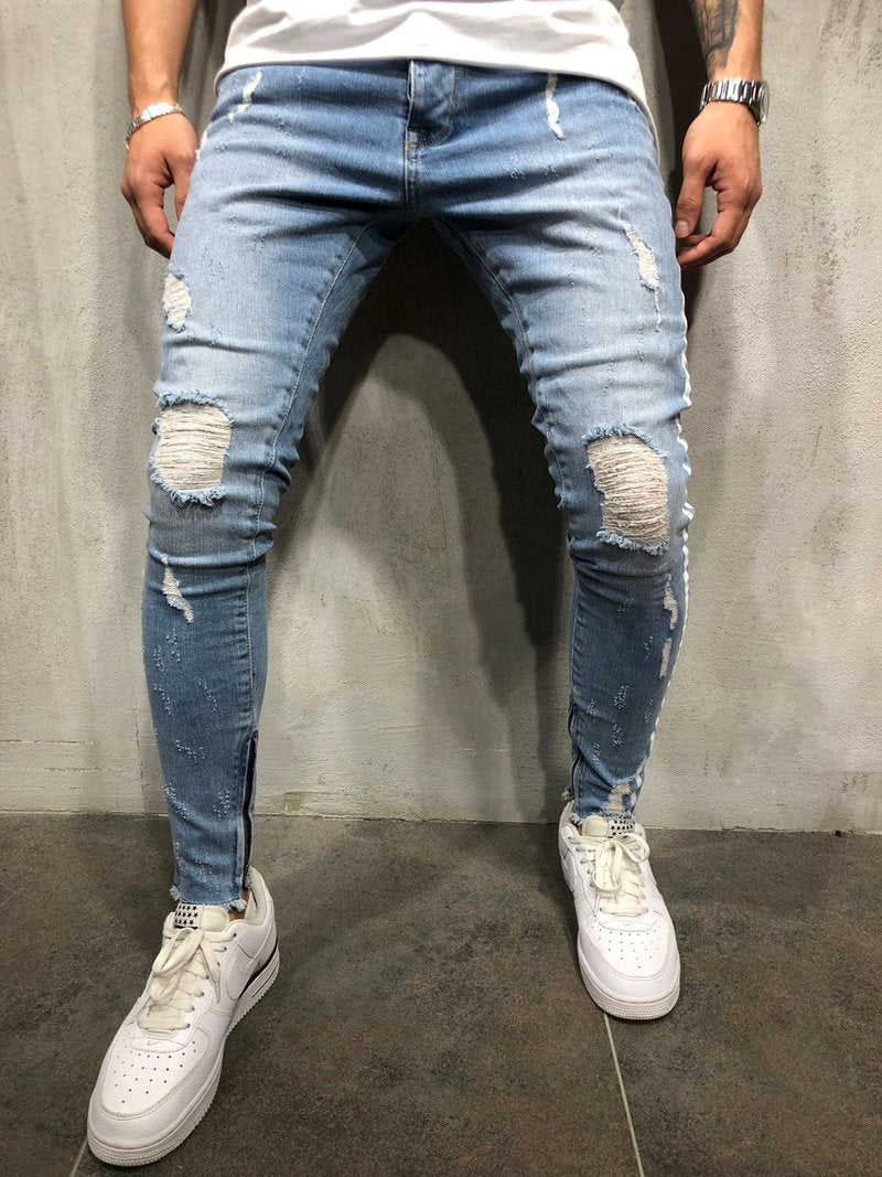 Slim Fit Knee Holes Hip Hop Style with Side Stripe Men Skinny Jeans ...