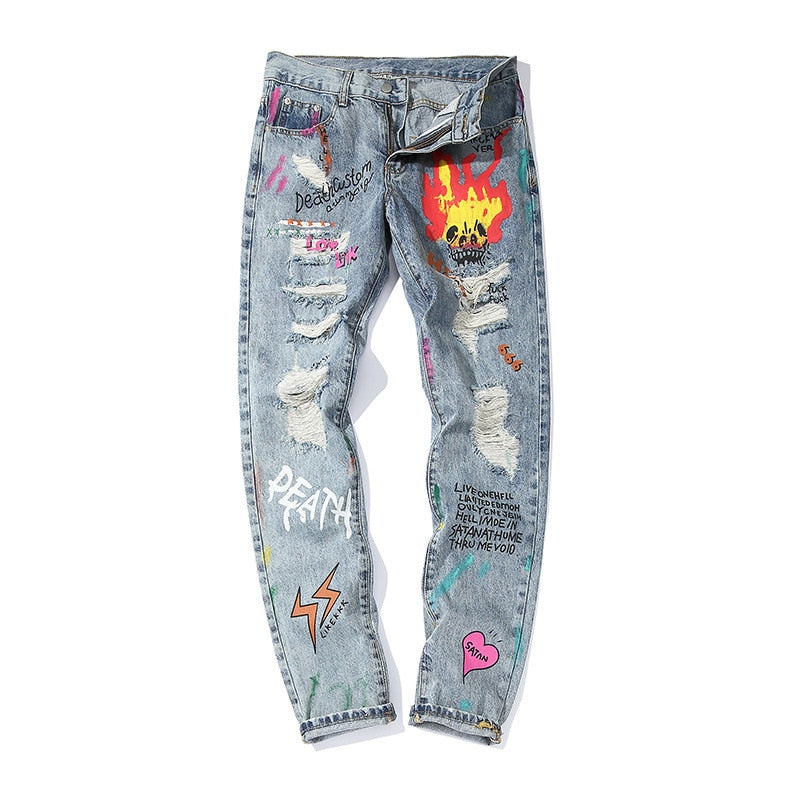 Destroyed Ripped Fire Broken Graffiti Print Men Jeans – FanFreakz