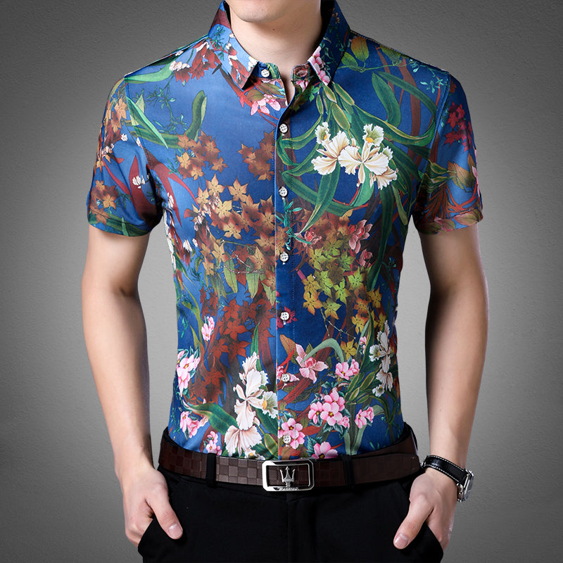 Ocean Blue in Floral Pattern Print Men Slim Fit Shirt – FanFreakz