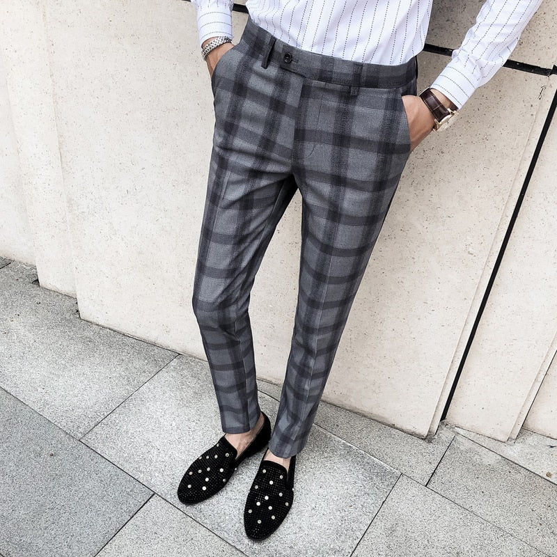 Fashion Plaid Pants For Men Checkered Trousers Lattice Striped Slim