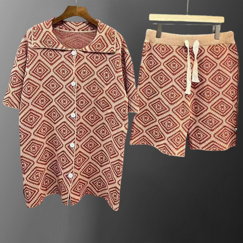 Retro Geometric Pattern Knitted Shorts Set