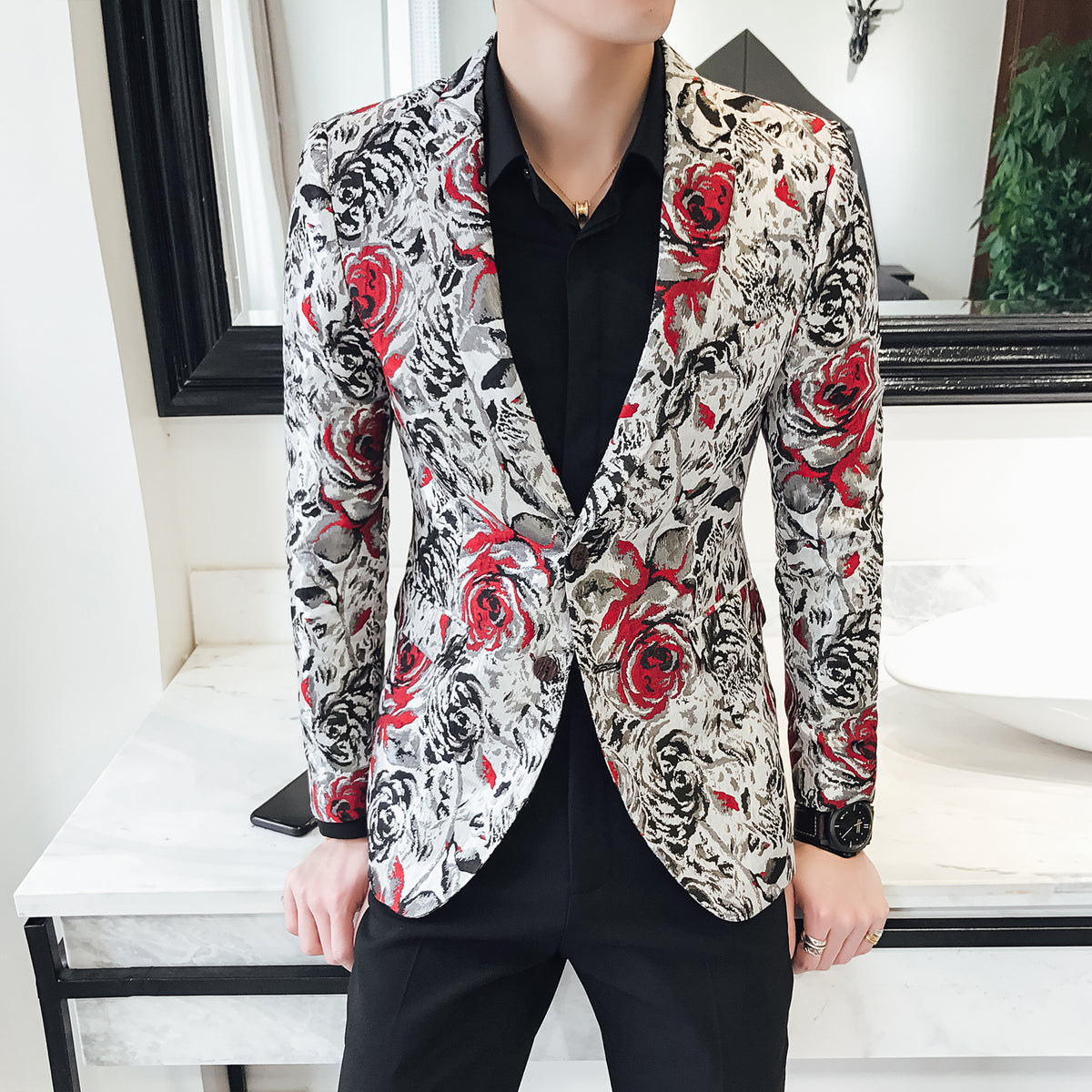 Rose in Contrast Print Men Slim Fit Velvet Blazer – FanFreakz