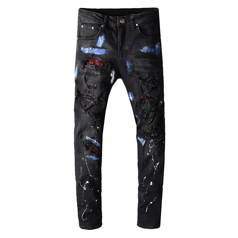 mens black jeans with paint splatter