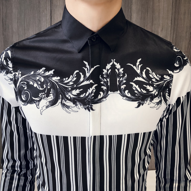 black and white striped shirt with floral sleeves