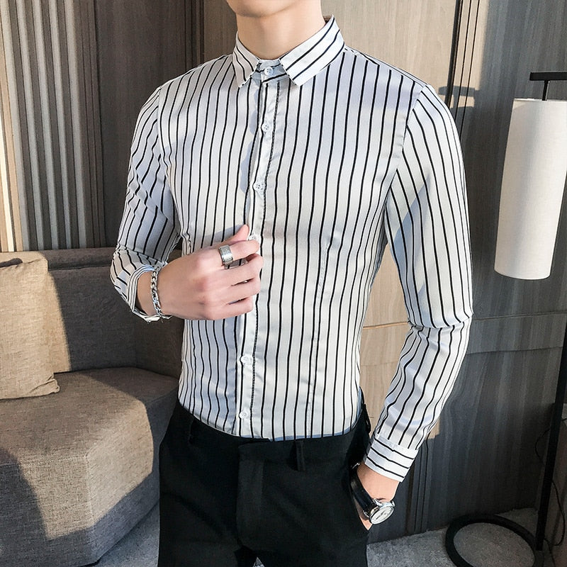 Striped Khaki White Long Sleeve Style Men Slim Fit Shirts – FanFreakz