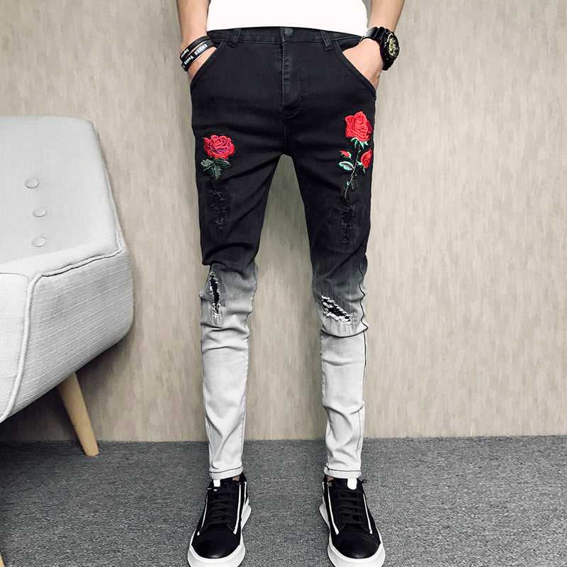 black jeans with rose embroidery