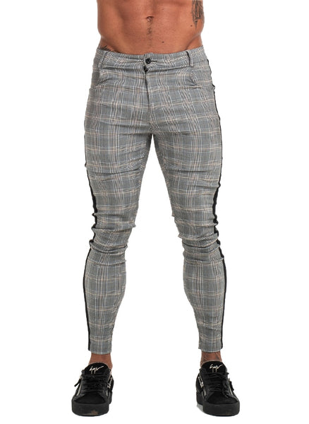 mens checked trousers with side stripe