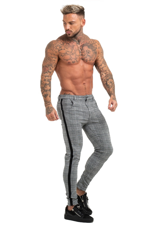 mens plaid pants with side stripe