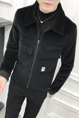 Thick Black Turn Down Collar Simply Casual Men Jacket