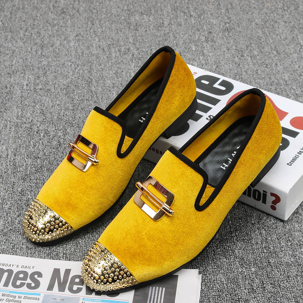 yellow velvet loafers