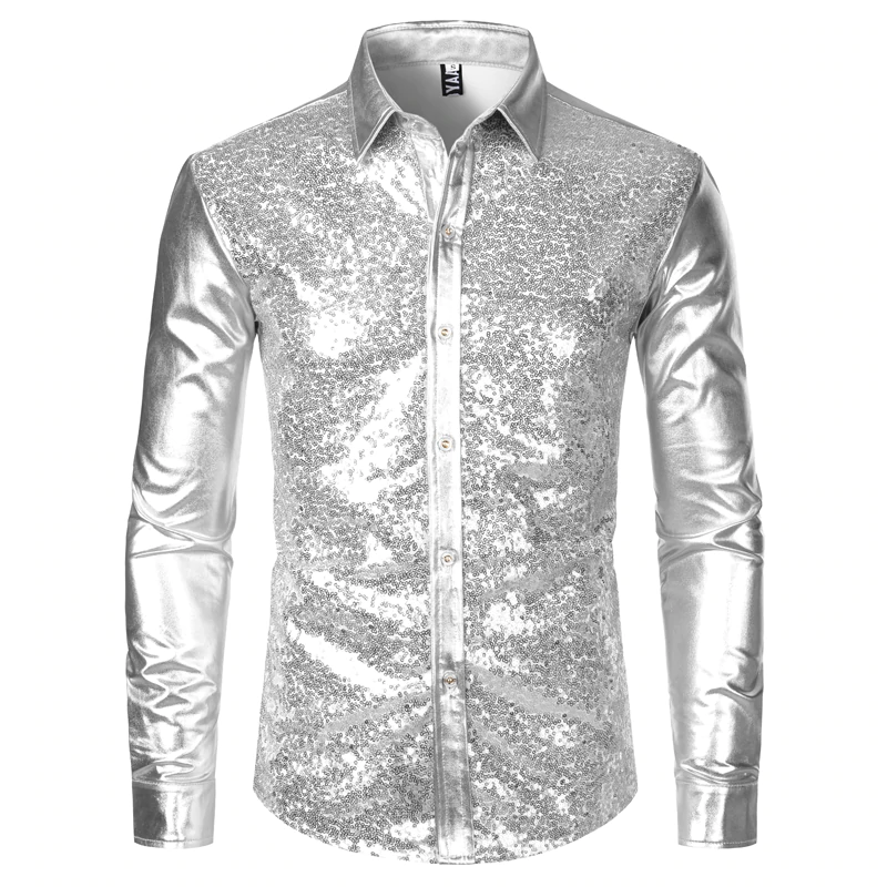 Silver Metallic Sequins Glitter Disco Men Shirt – FanFreakz