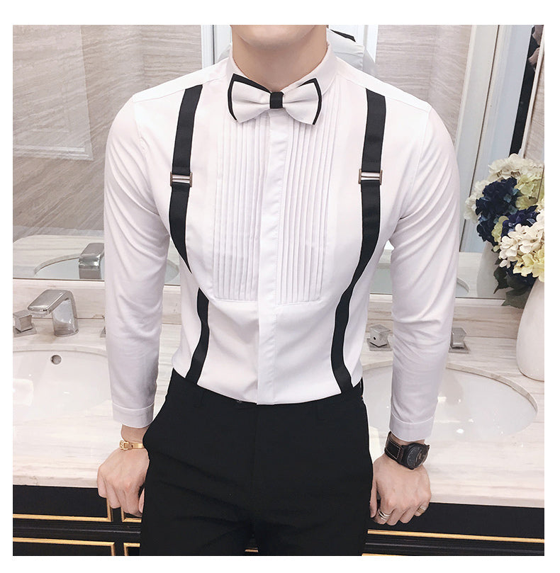 Bow Tie with Suspender Detail Men Long Sleeve Dress Shirt