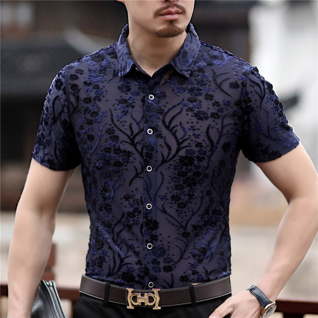 Small Floral Pattern Slim Fit Thin Semi See Through Men ...