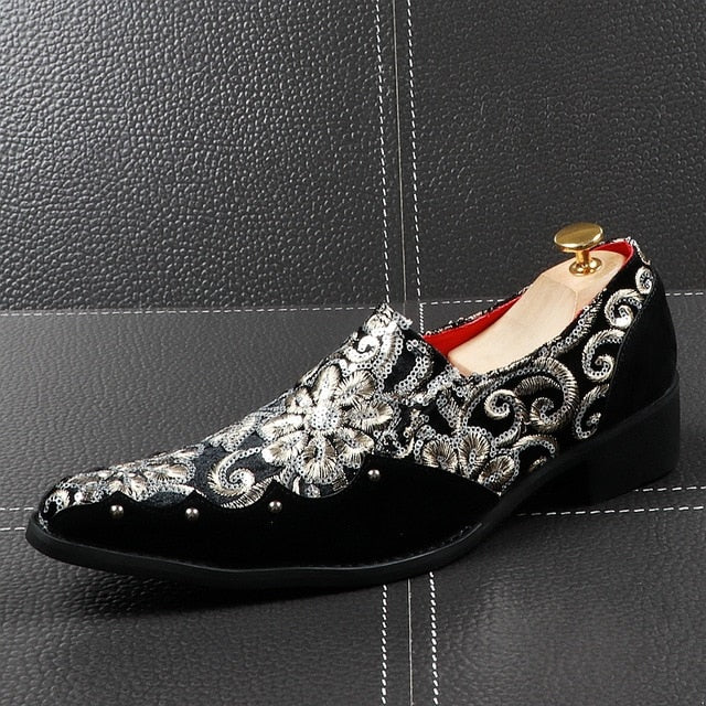 Pointed Toe Embroidery Flock Lux Style Men Shoes