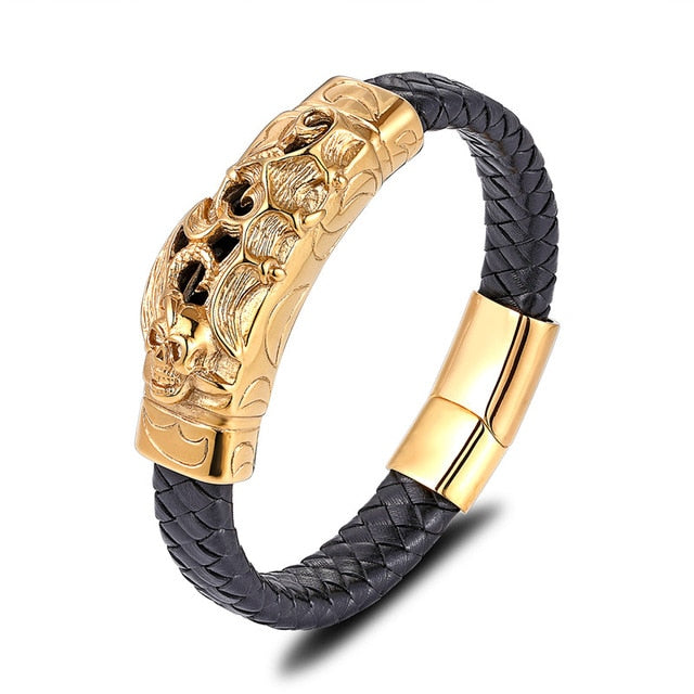 Gold Lion Punk Stainless Steel with Leather Rope Design Men Bracelet ...