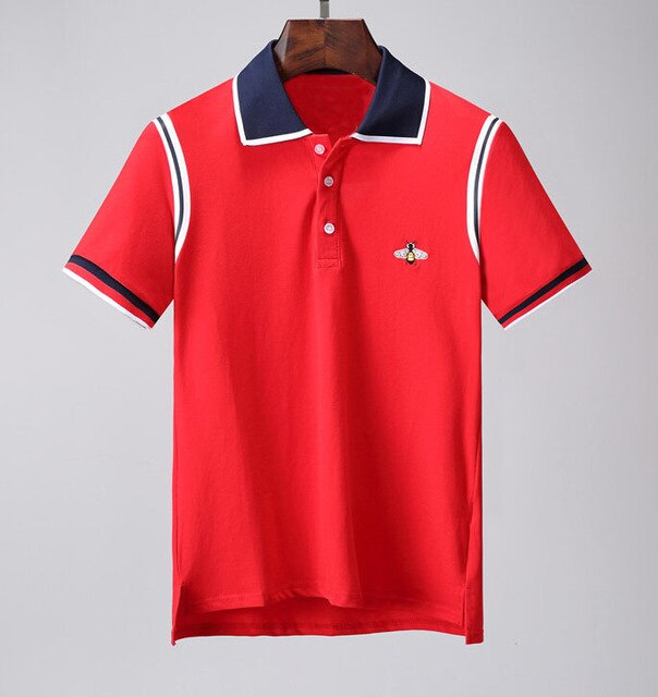 navy blue and red polo shirt