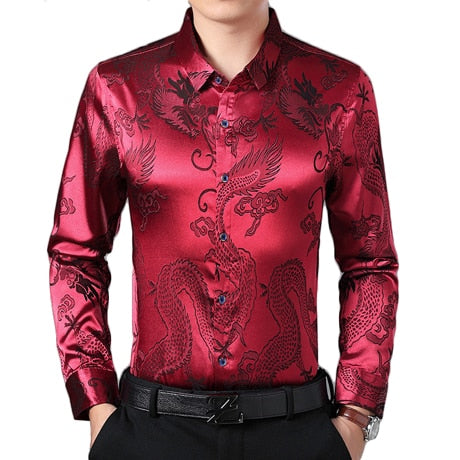 Smooth Silk Satin Chinese Dragon Jacquard Slim Fit Long Sleeve Style M ...