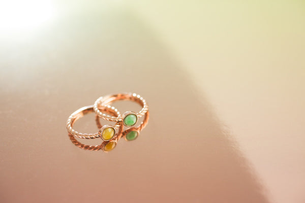 Green and yellow jade rings in pink gold • TRACE modern jade jewelry