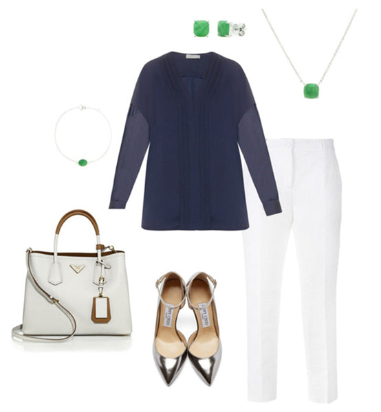 Get the look with navy and white, plus green jade earrings, necklace, and bracelet