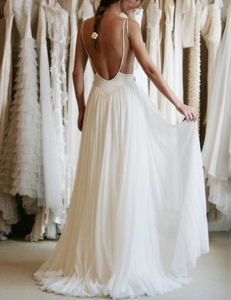 Simple White Lace A Line Chiffon Backless Cheap Wedding Dresses