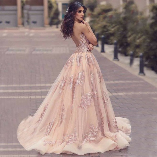 Charming Sweep Train V Neck Pink Tulle Prom Dress with Lace Appliques ...