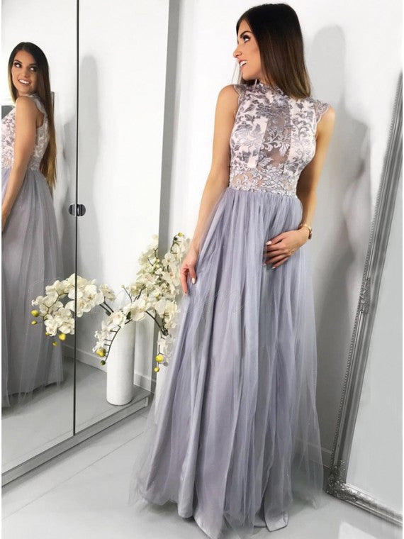 A-Line Jewel Floor-Length Tulle Prom Dress with Lace Appliques OKF63 ...