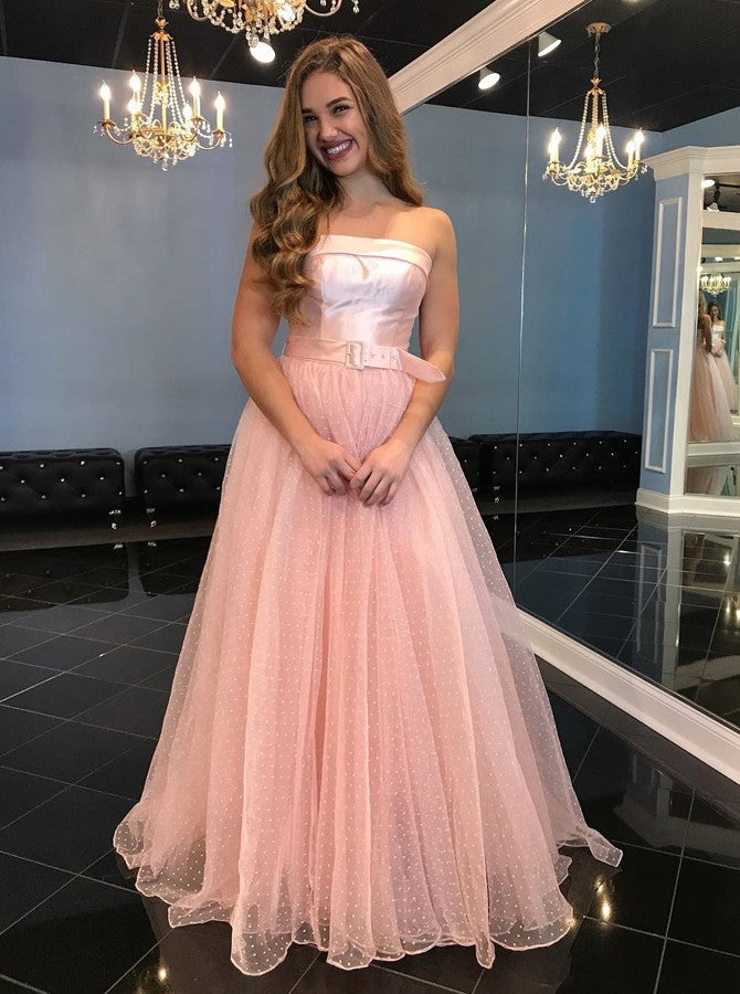 A-Line Strapless Floor-Length Pink Tulle Prom Dress with Belt OKL67 ...