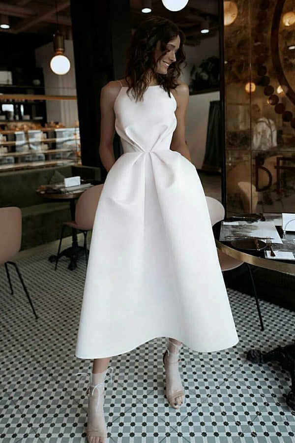Spaghetti Straps White Prom Dress with Pockets Tea-Length Party Dress