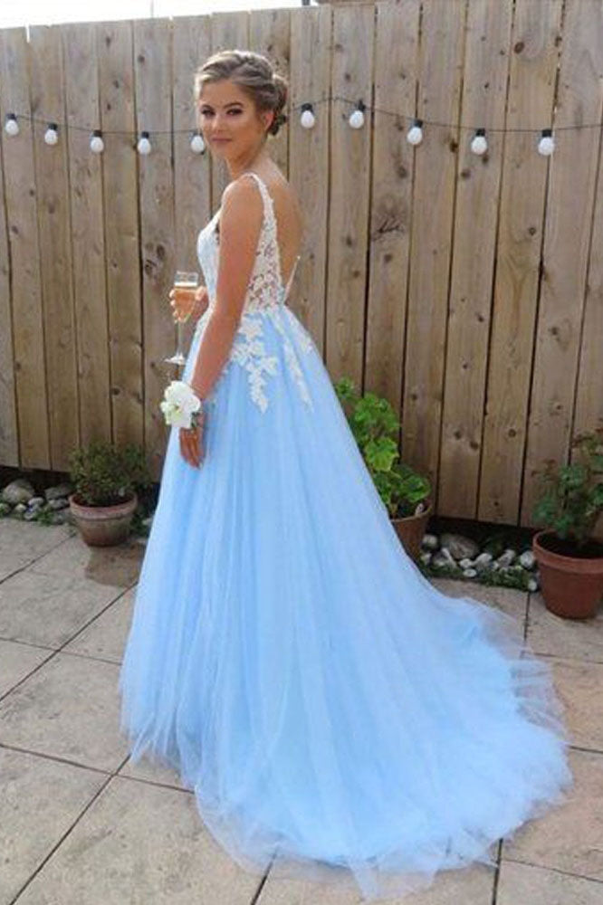 Gorgeous A Line V Neck Backless Sky Blue Tulle Long Prom Dresses OKF27