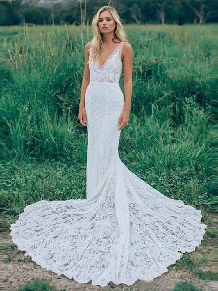 Mermaid V Neck Backless White Lace Long Wedding Dresses,Beach Boho