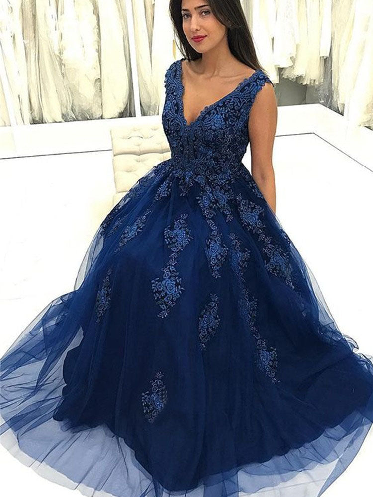 Charming V Neck Navy Blue Lace Appliques Long Prom Dresses, Elegant ...