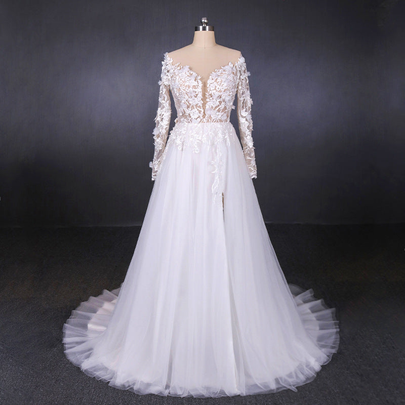 A Line Tulle Lace Appliques Long Sleeves Wedding Dress, Cheap Bridal D ...