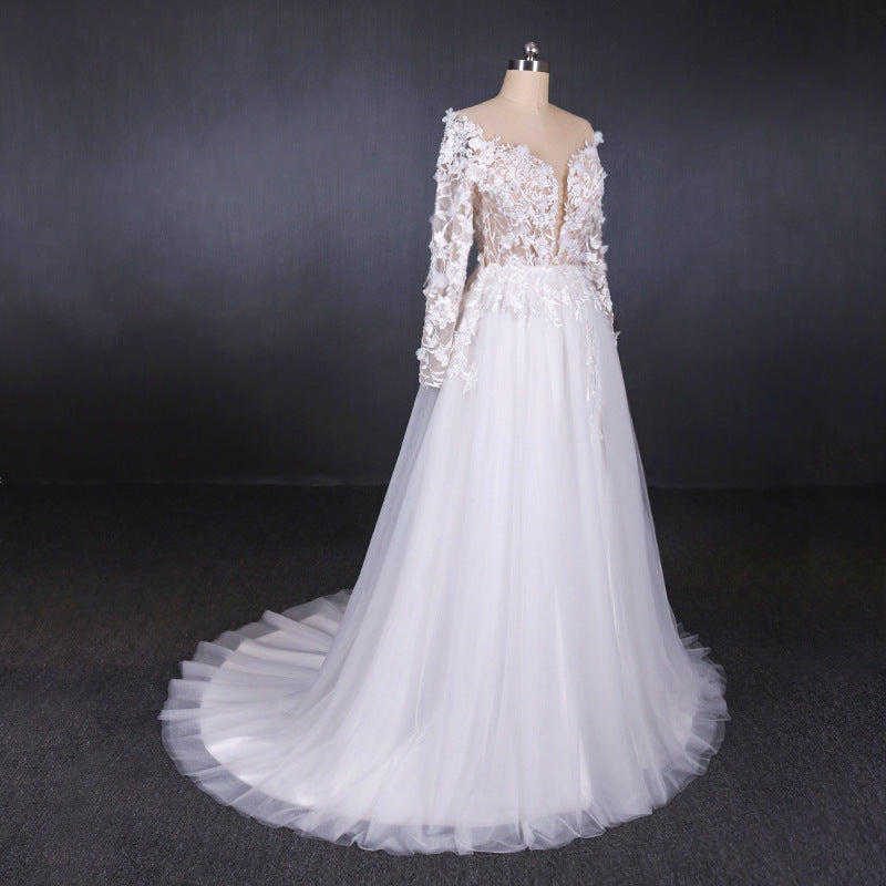 A Line Tulle Lace Appliques Long Sleeves Wedding Dress, Cheap Bridal D ...