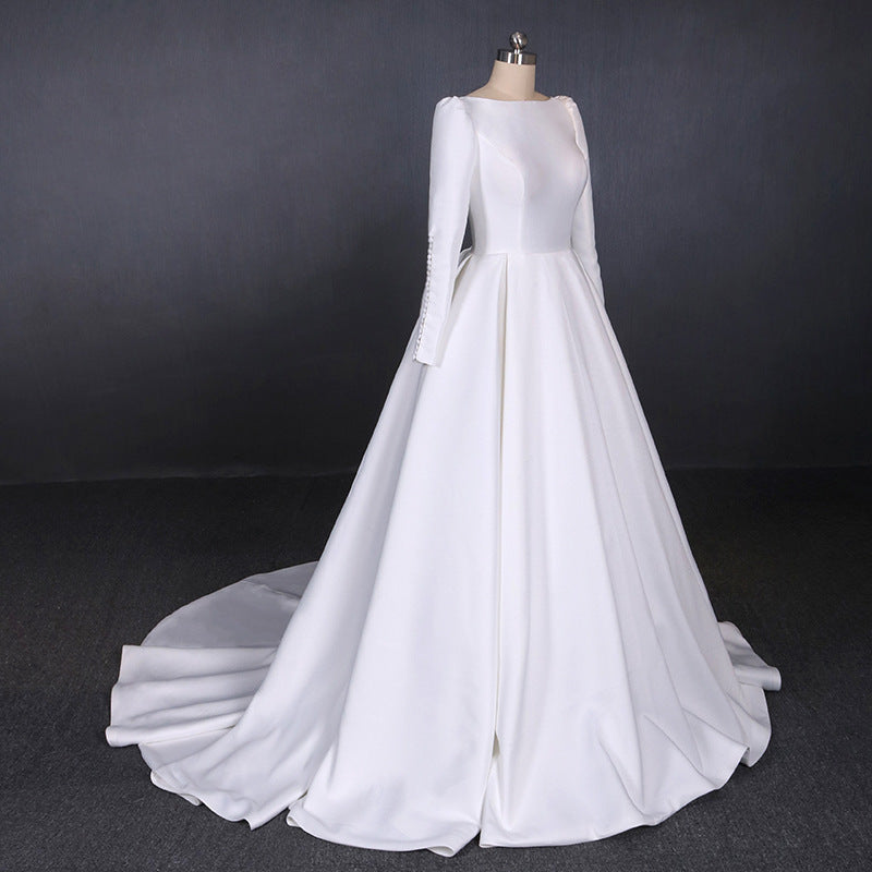 Simple A Line Long Sleeves Satin Wedding Dress New Arrival White Long Okdresses 3912