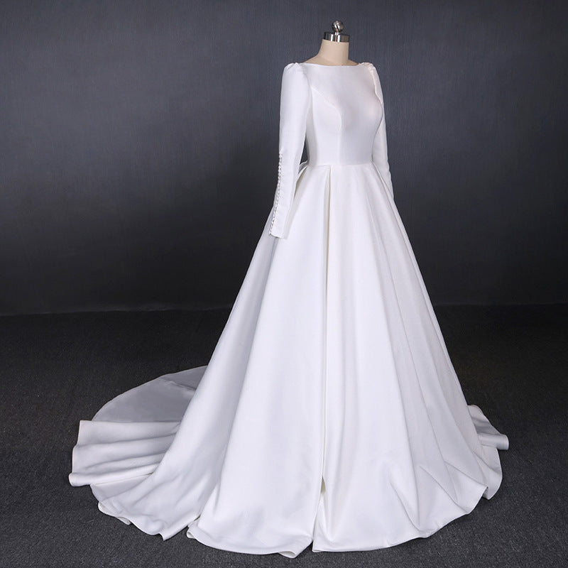 Simple A Line Long Sleeves Satin Wedding Dresses New Arrival White Lo Okdresses 1405